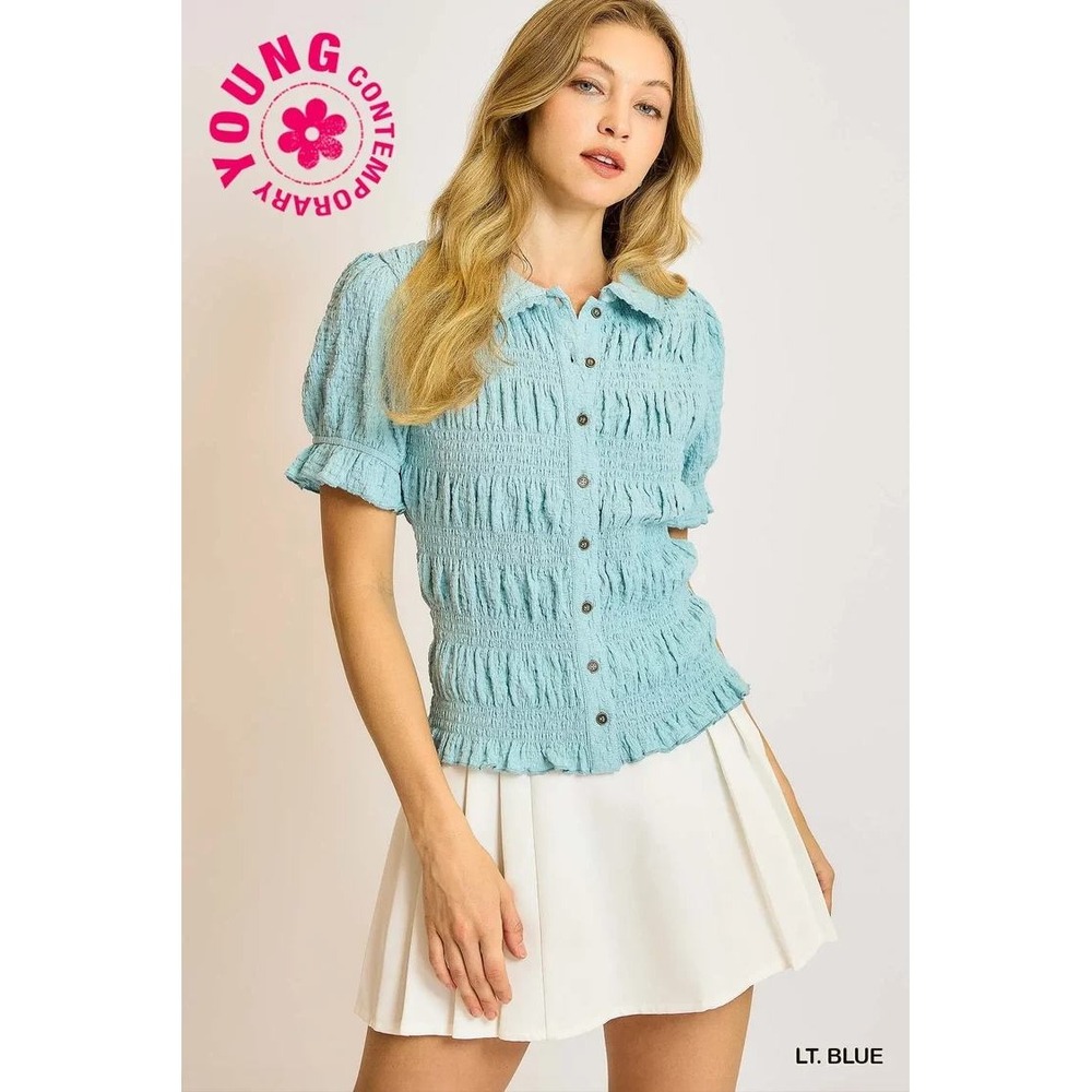Umgee Sea Glass Smocked Top Small Blue Button Front Cottagecore Ruffle Blouse
